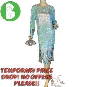 VINTAGE 1980’S ZEBUN AQUA BLUE AND SILVER SEQUINS SILK ABSTRACT PRINT DRESS (M)